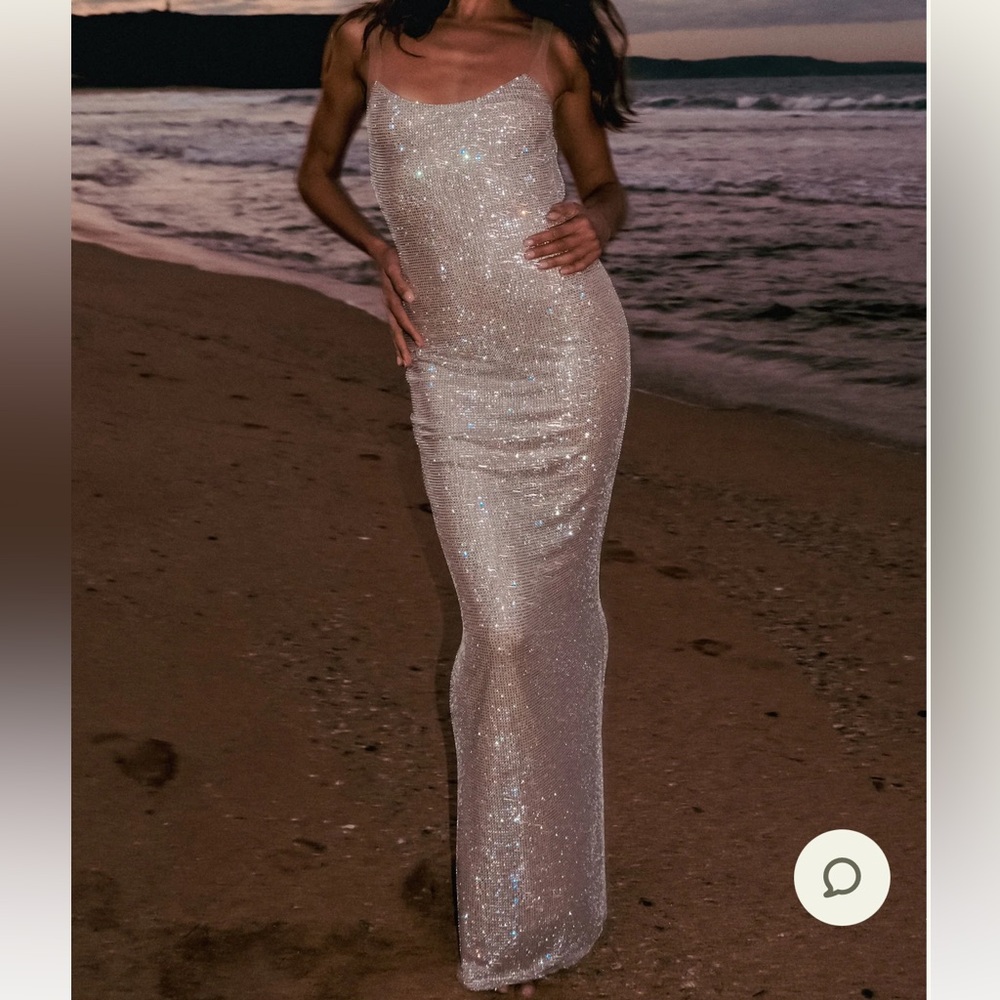 Meshki Jasmyn Hot Fix Silver Sequin Gown